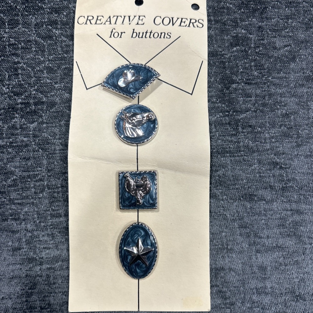 VINTAGE BUTTON COVERS ~creative covers Western theme Silver tone with Blue Swirl